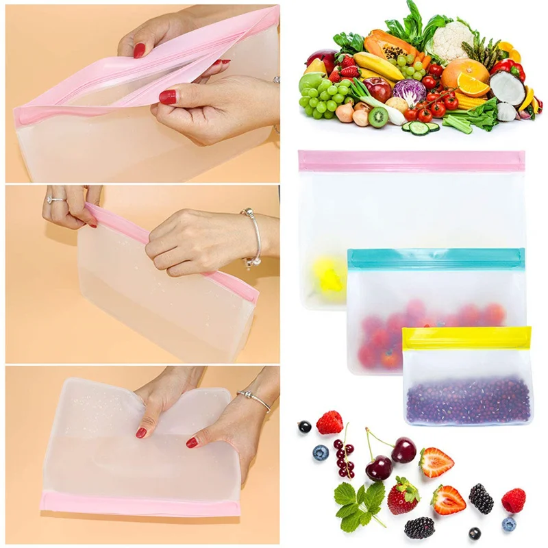 Reusable Food Storage Bag Upgrade Leakproof Top Stand Up Freezer Sandwich Ziplock Bag Silicone PEVA Food Preservation Shut Bag - Image 4