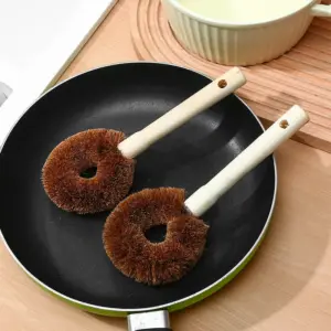 2pcs Coconut Fiber Pot Brush Set with Long Handle and Wooden Grip Gentle on Cookware Non-Stick Oil Durable Kitchen Pot Scrubber
